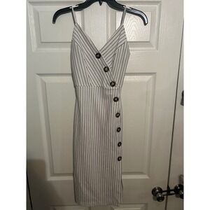 Striped Dress Buttons Detail V Neck Midi White Black Bodycon Sleeveless‎